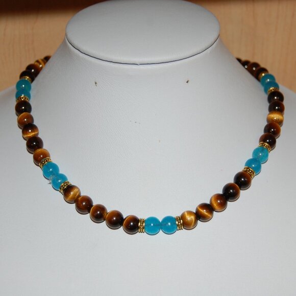 Tiger Eye Necklace,Tiger Eye and Blue Gemstone Beads - Picture 2 of 3
